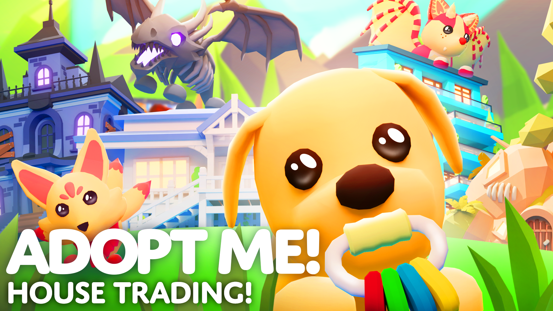 The Dog, Kitsune, Shadow Dragon, and Strawberry Shortcake Bat Dragon welcome you to the House Trading update in Adopt Me! Each pet is resting on a different kind of house: the Queensland Mansion, Spooky Halloween House, and Apartment Blocks! 