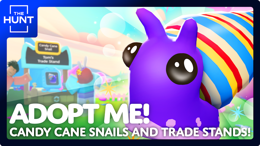 Candy Cane Snail welcomes you to the second week of Easter updates in Adopt Me! Subtext reads: "Candy Cane Snails and Trade Stands!"