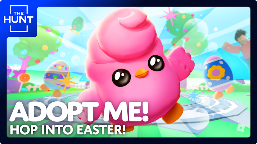 Candyfloss Chick welcomes you to the Easter update in Adopt Me! With an adorable, swirly fringe, the pink Candyfloss Chick is surrounded by the new Eggy pets, the eggs with legs!