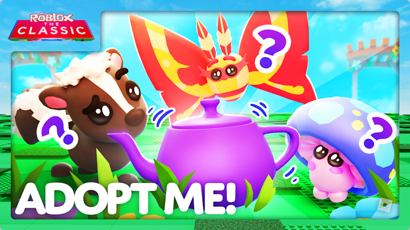 Garden Egg release in Adopt Me! Skunk, Rosy Maple Moth, and Mushroom Friend are all looking at the Teapot Pet from the Roblox Classic Event.