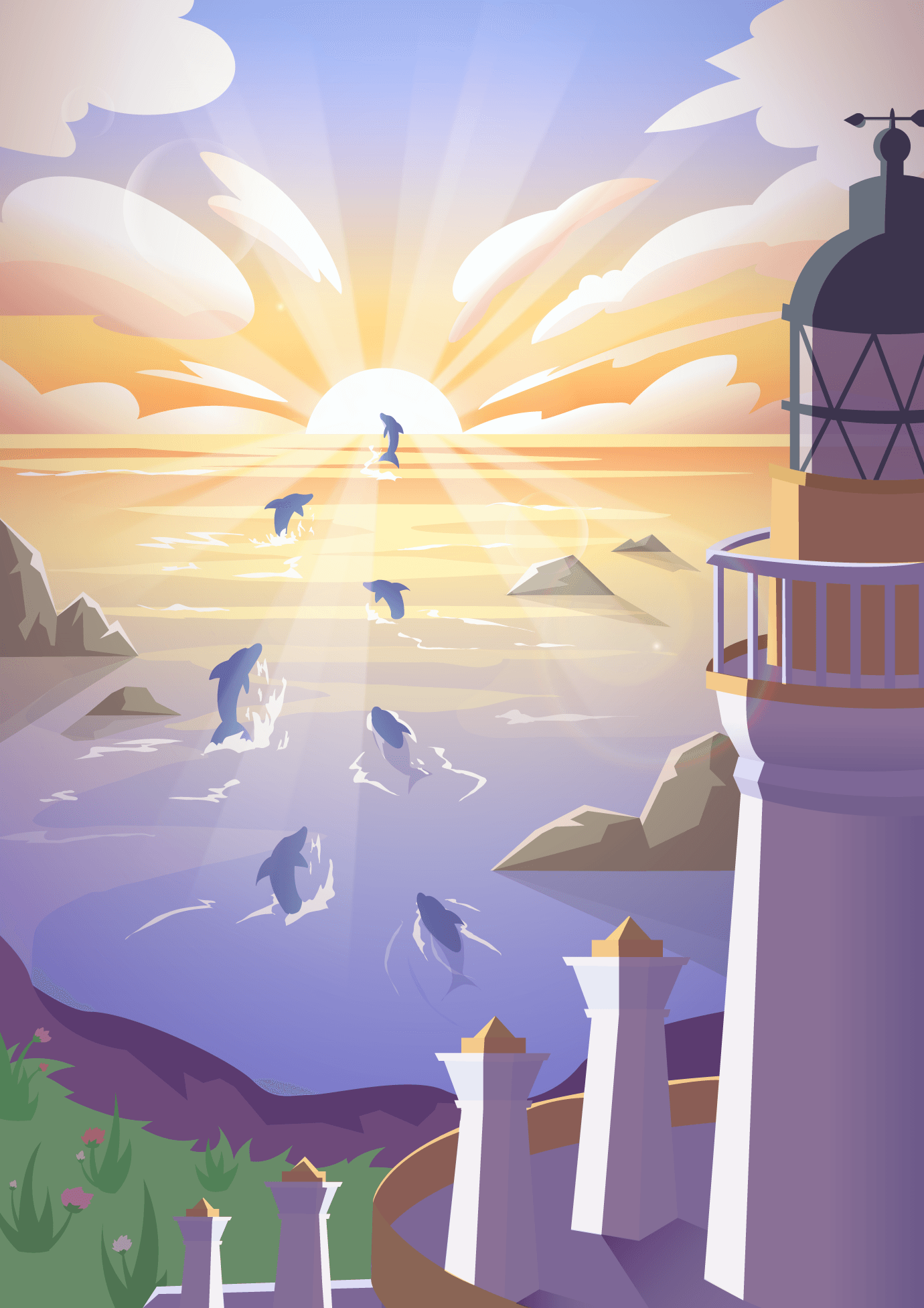 A Lighthouse Sunset Dolphins Wallpaper wallpaper